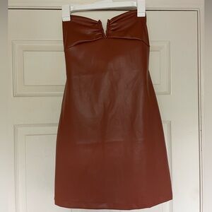Faux Leather Brown Strapless Dress